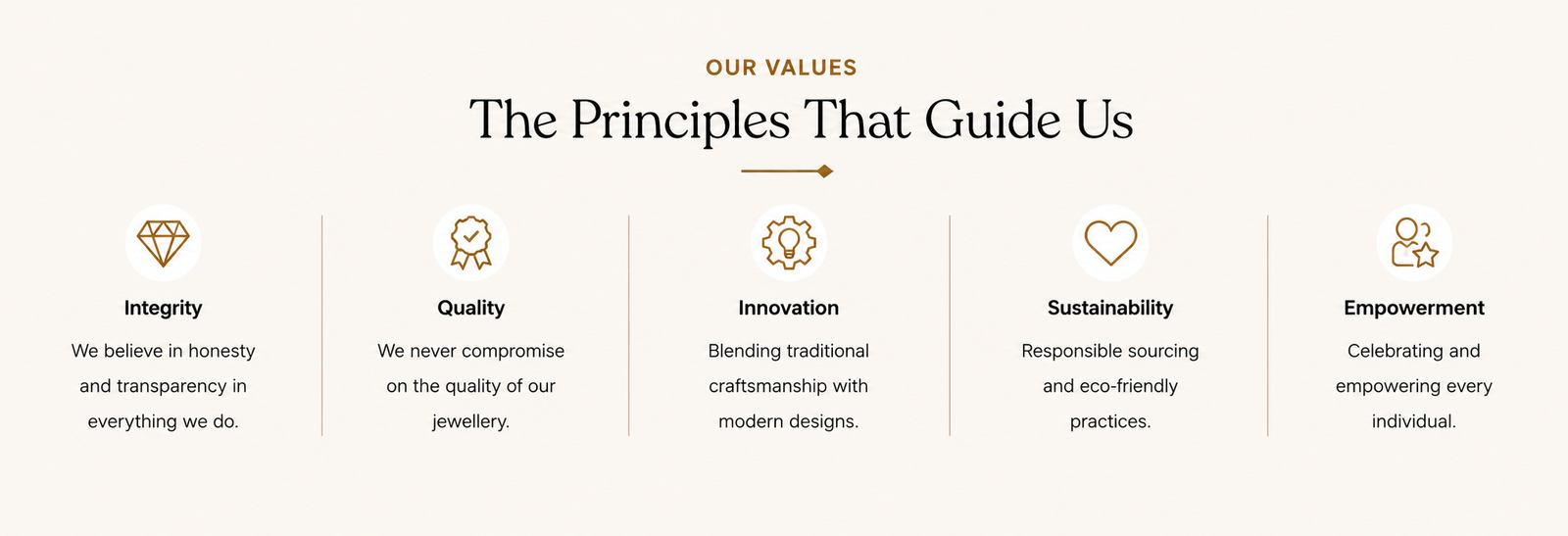 Diwaa Jewellery Values – Commitment to Integrity, Premium Quality, Innovation, Sustainable Jewellery Sourcing, and Empowerment Through Timeless Craftsmanship and Modern Designs