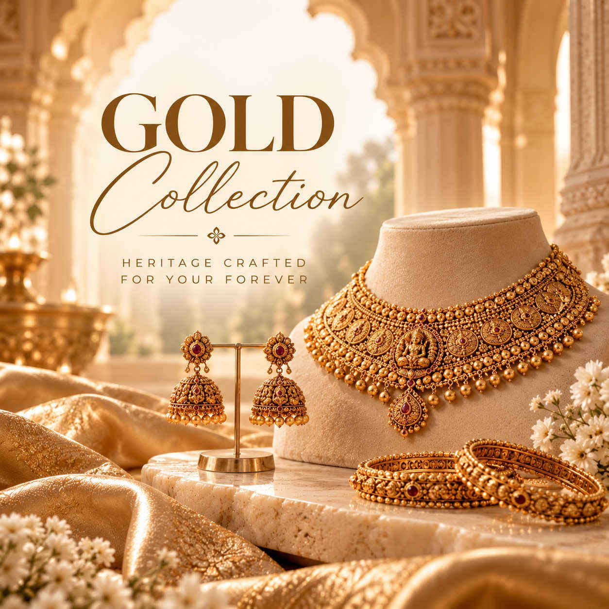 Diwaa Gold Jewellery Collection – Traditional Gold Necklace Set with Matching Jhumka Earrings and Ornate Gold Bangles, Inspired by Indian Heritage and Timeless Craftsmanship