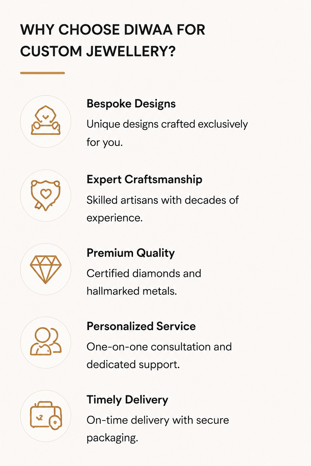 Why Choose Diwaa for Custom Jewellery – Bespoke Designs, Expert Craftsmanship, Premium Quality Diamonds and Hallmarked Gold, Personalised Consultation, and Secure, Timely Delivery