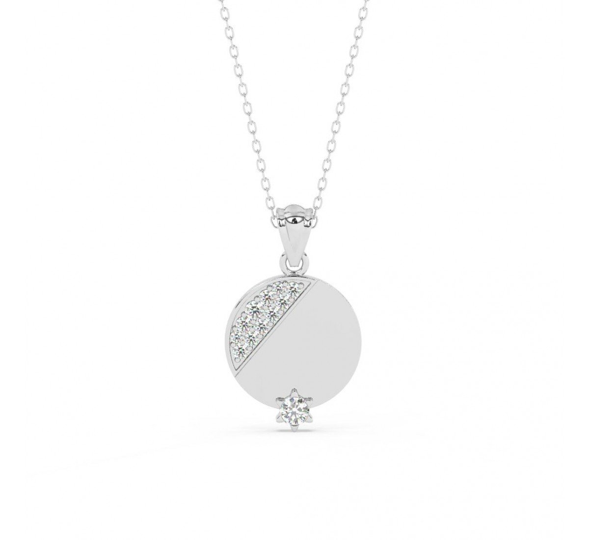 Silver Zircon Studded Disk Pendant With Link Chain