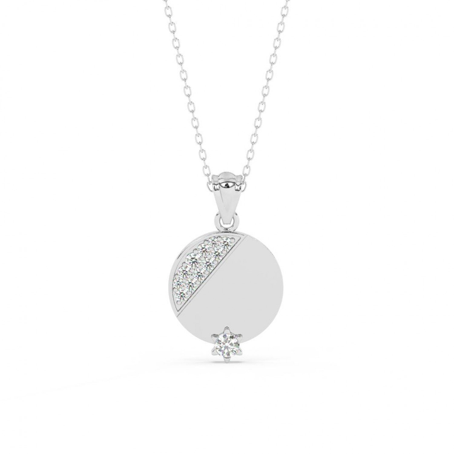 Silver Zircon Studded Disk Pendant With Link Chain