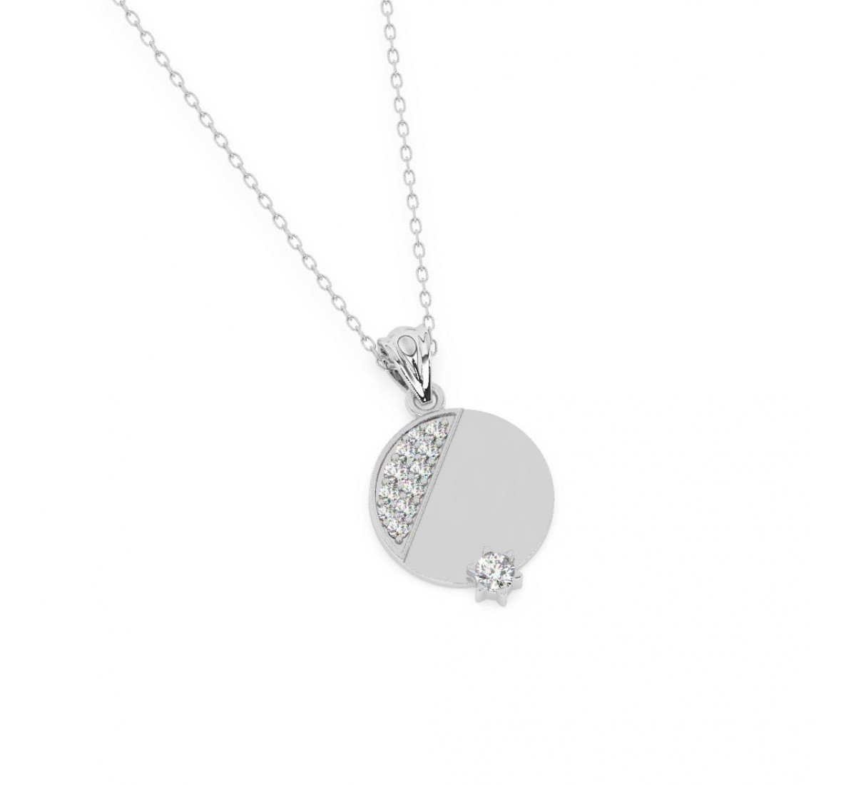 Silver Zircon Studded Disk Pendant With Link Chain