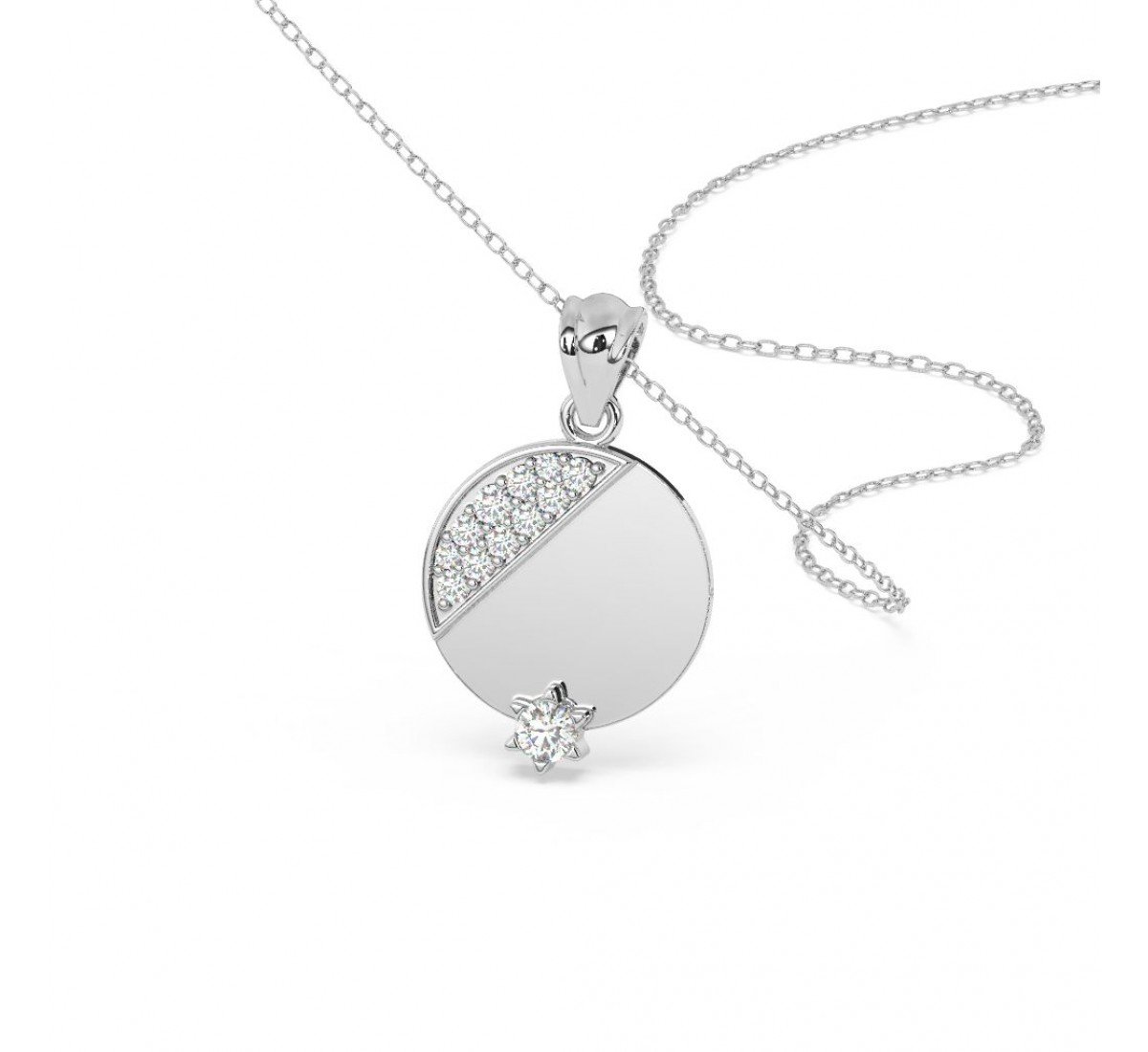 Silver Zircon Studded Disk Pendant With Link Chain
