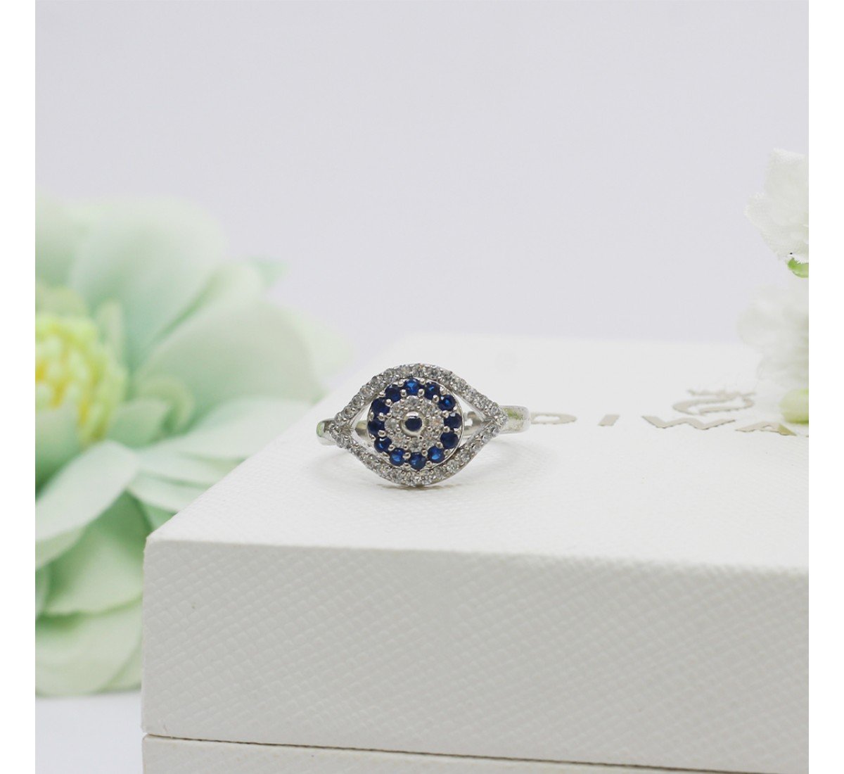 Silver Radiant Blue Stone Studded Evil Eye Ring