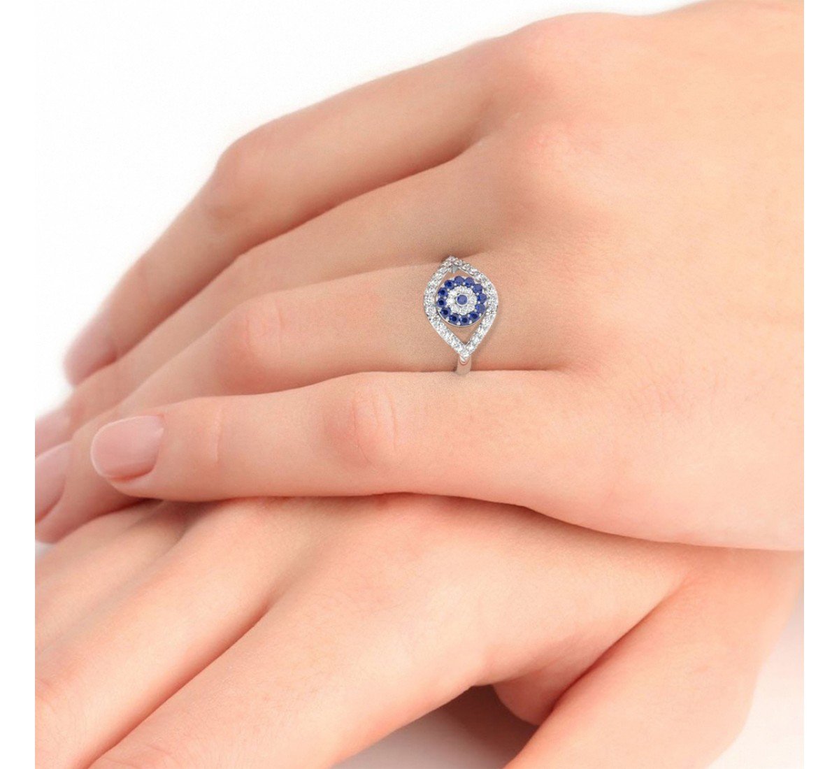 Silver Radiant Blue Stone Studded Evil Eye Ring