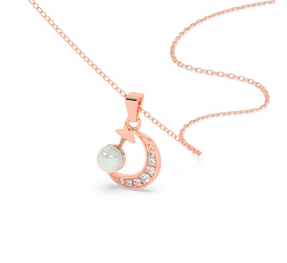 Rose Gold Pearl Crescent Pendant With Link Chain