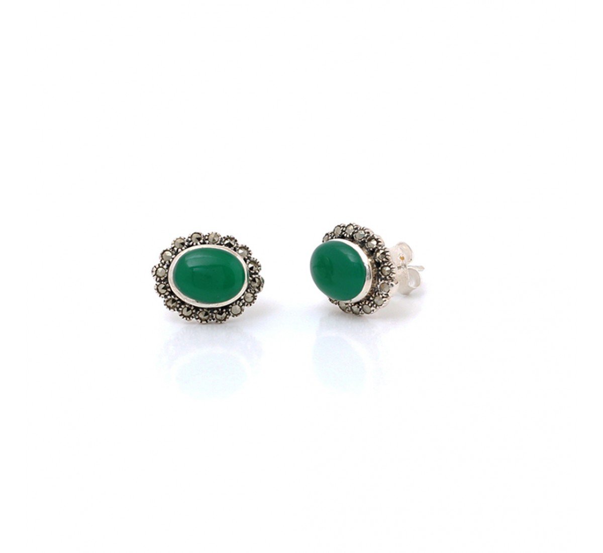 Silver Oxidised Green Oval Shape Studs
