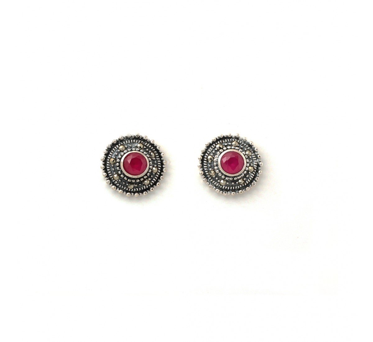 Silver Oxidised Encircle Hammer Red Stone Studs