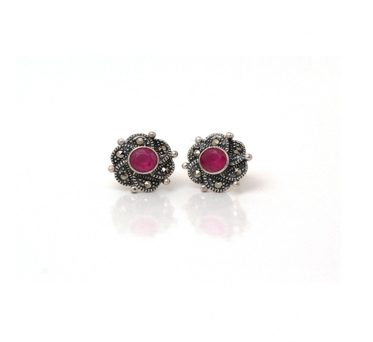Silver Oxidised Dhriti Floret Red Stone Studs