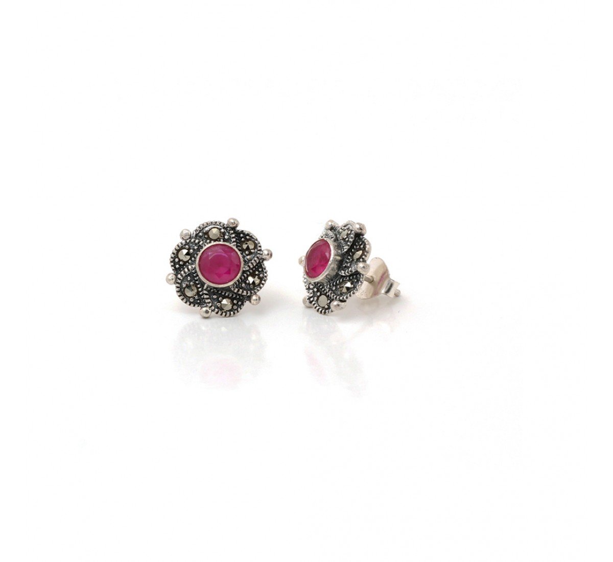 Silver Oxidised Dhriti Floret Red Stone Studs