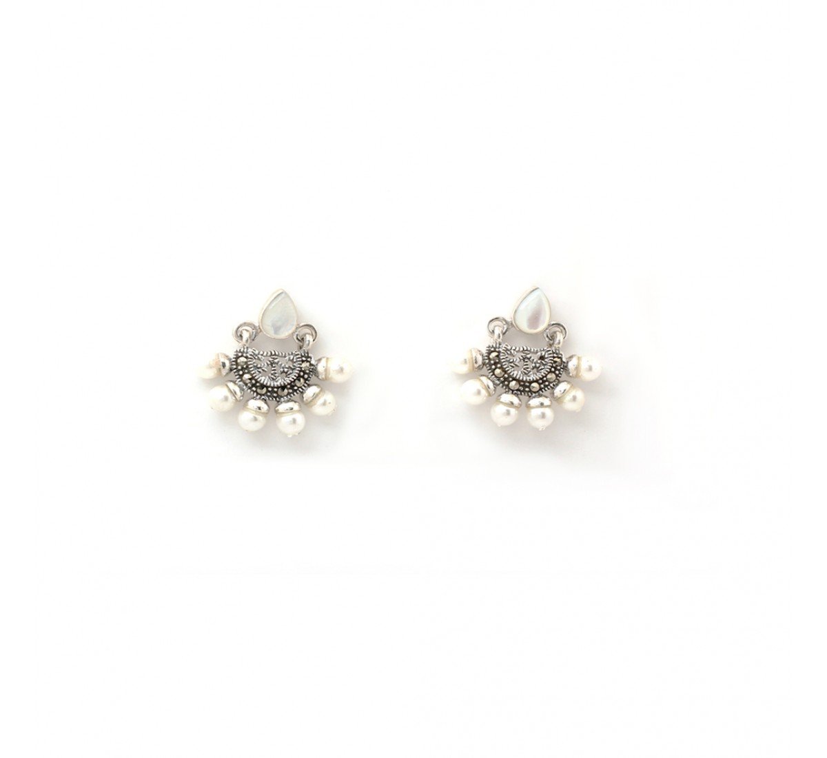 Silver Oxidised White Pearl Studs
